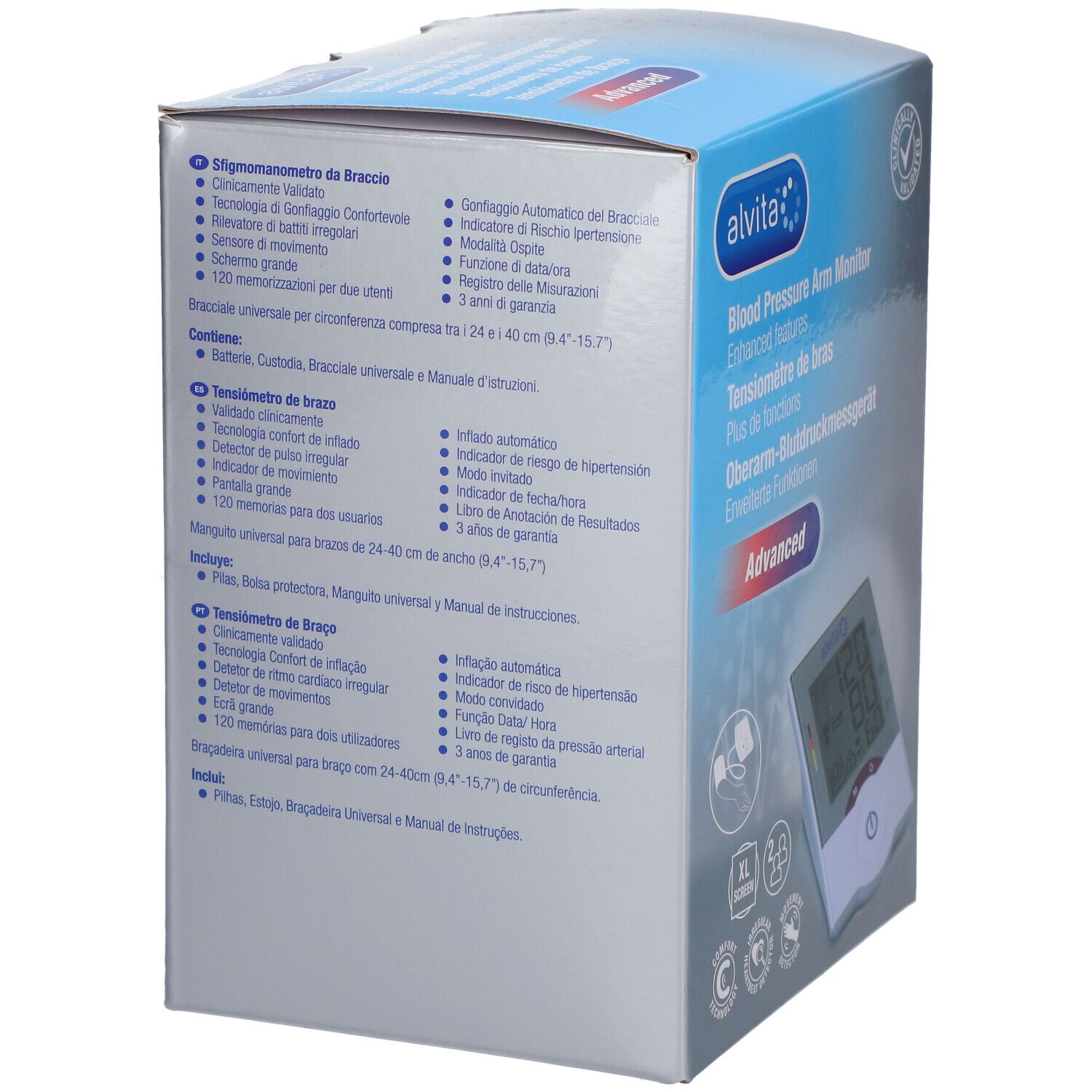 Achterkant van de Alvita bloeddrukmeter verpakking. Lijst met functies en accessoires. Klinisch gevalideerd, 3 jaar garantie.
