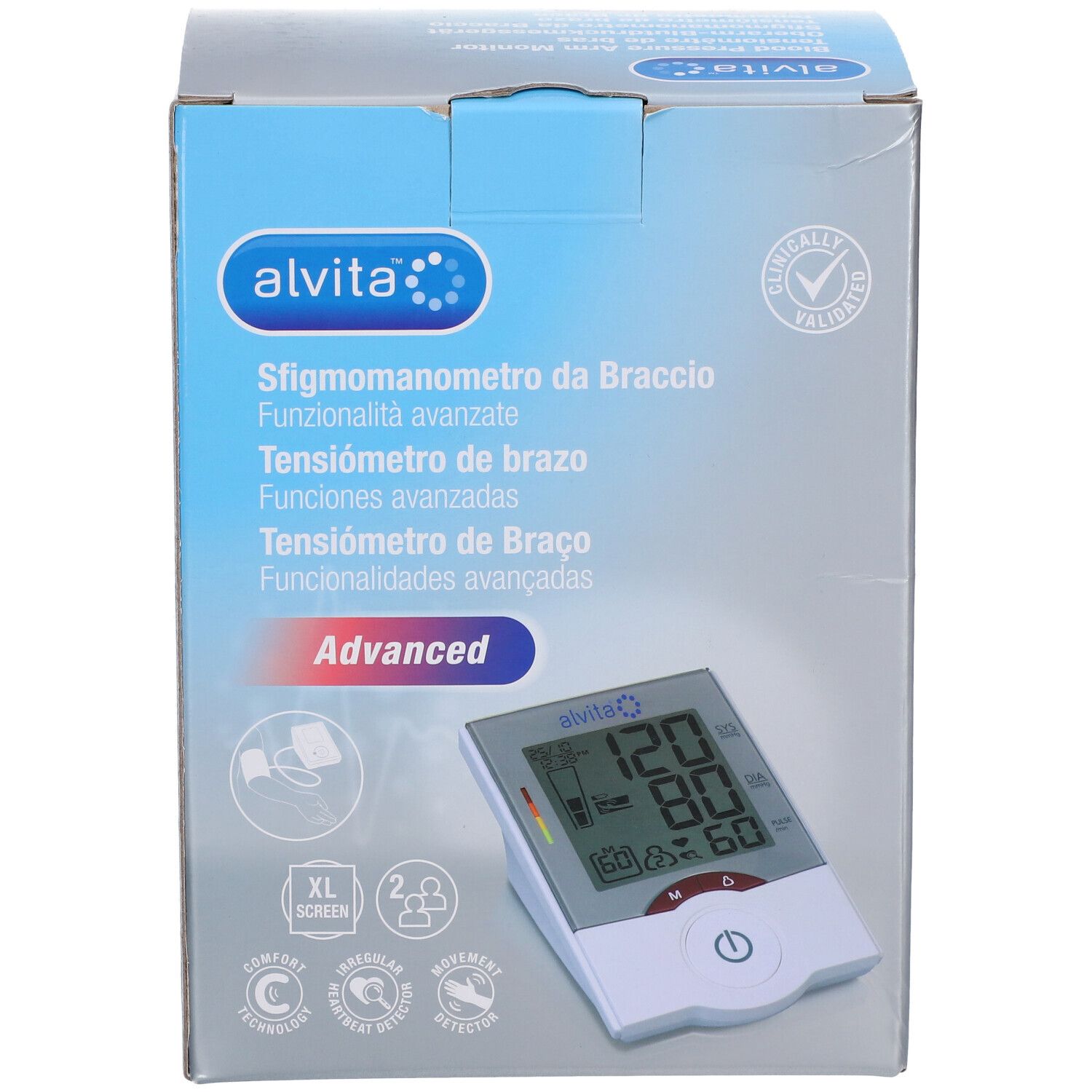 Alvita bloeddrukmeter voor de bovenarm in verpakking. Groot scherm, XL. Klinisch gevalideerd. Inclusief manchet, batterijen, opbergtas.