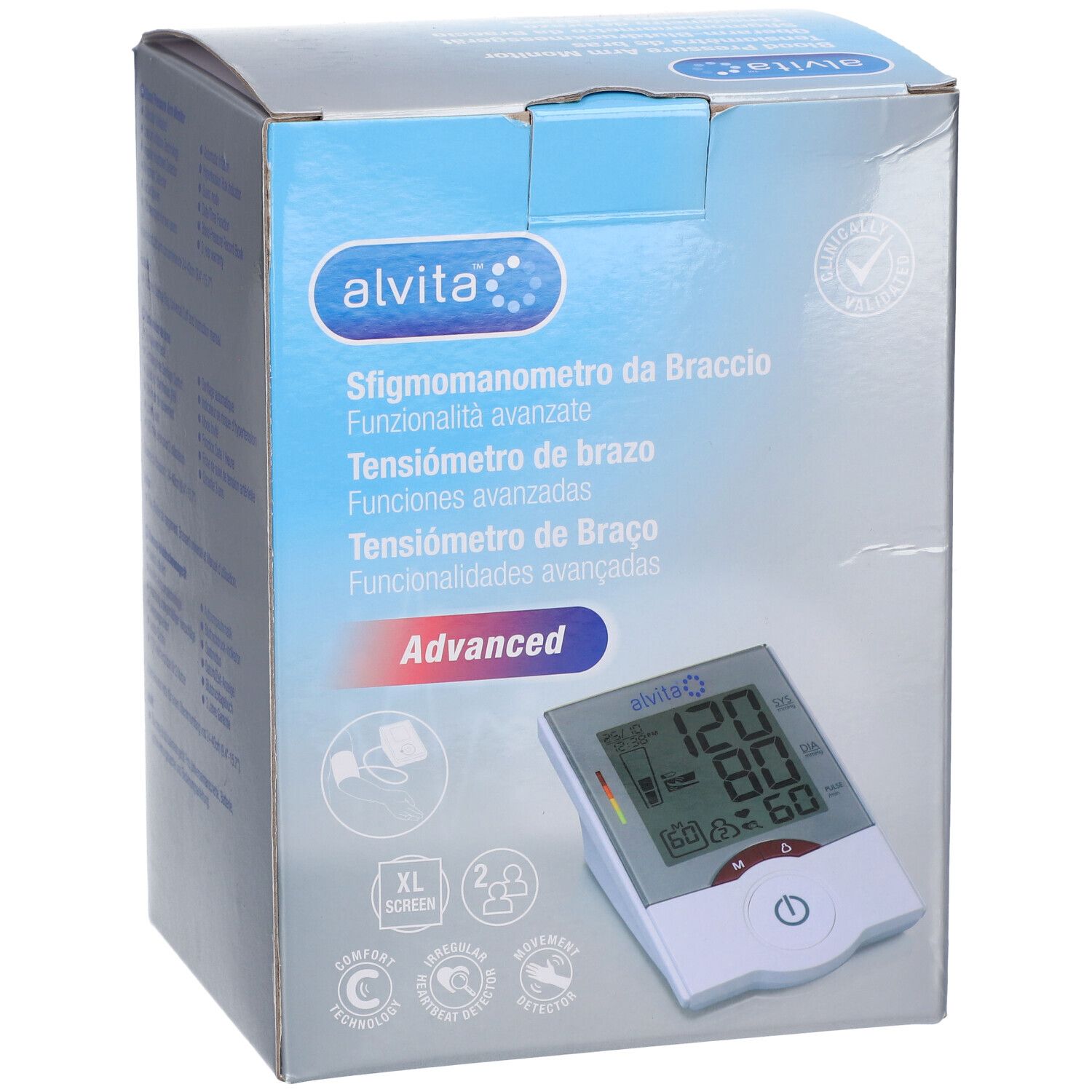 Alvita bloeddrukmeter voor de bovenarm in verpakking. Groot scherm, XL. Klinisch gevalideerd. Inclusief manchet, batterijen, opbergtas.