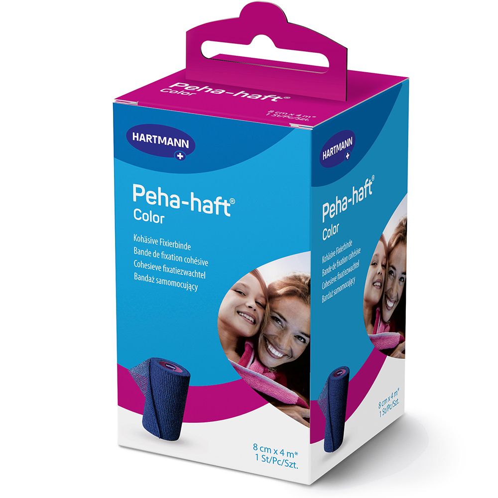 Blauwe fixatieverbandverpakking. Merk: Peha-haft Color. 8 cm x 4 m. Bevat één rol. Verpakking met productafbeelding en logo.