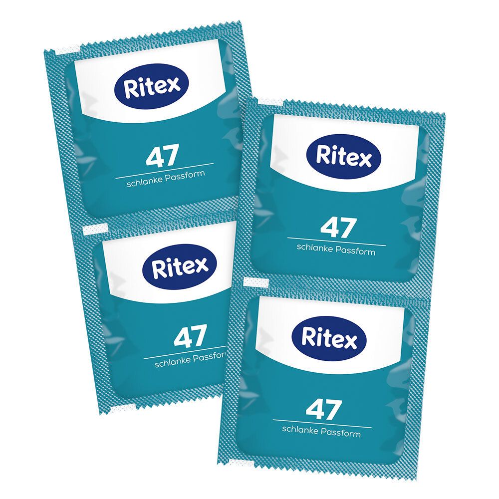 Quatre préservatifs en sachets bleus. Impression avec logo et nom du produit. Fond blanc.