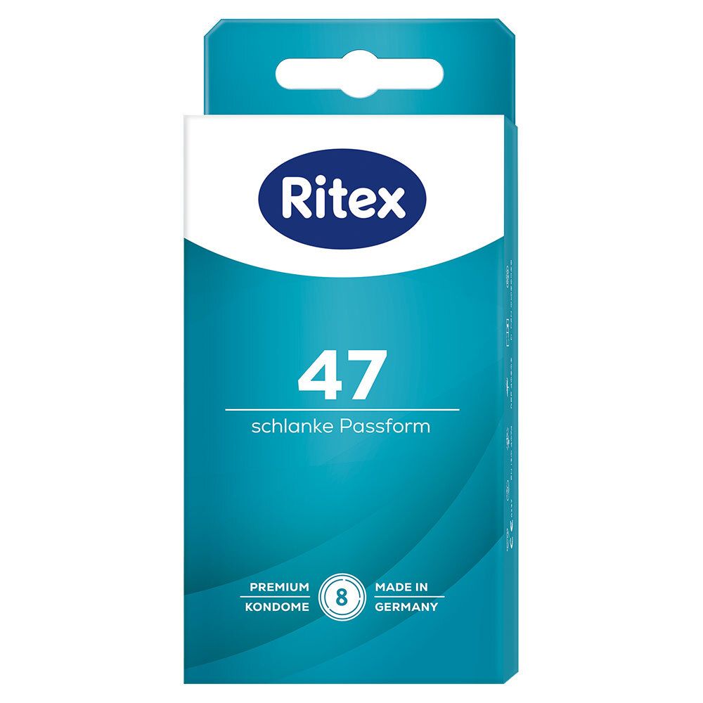 Paquet de préservatifs. Emballage bleu avec logo blanc et nom du produit. 8 pièces.