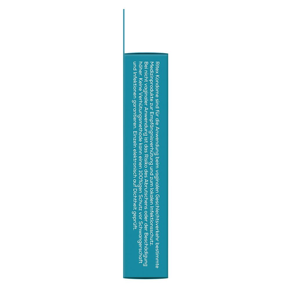 Vue latérale de l'emballage des préservatifs. Texte en allemand. Contient des informations sur l'utilisation et la sécurité.