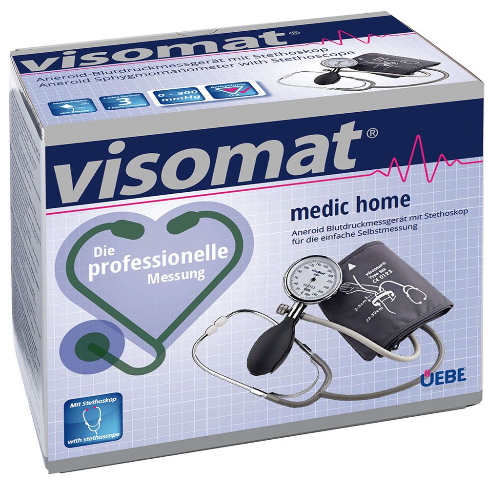 Emballage de visomat® medic home. Tensiomètre avec stéthoscope. Boîte blanche avec image du produit.