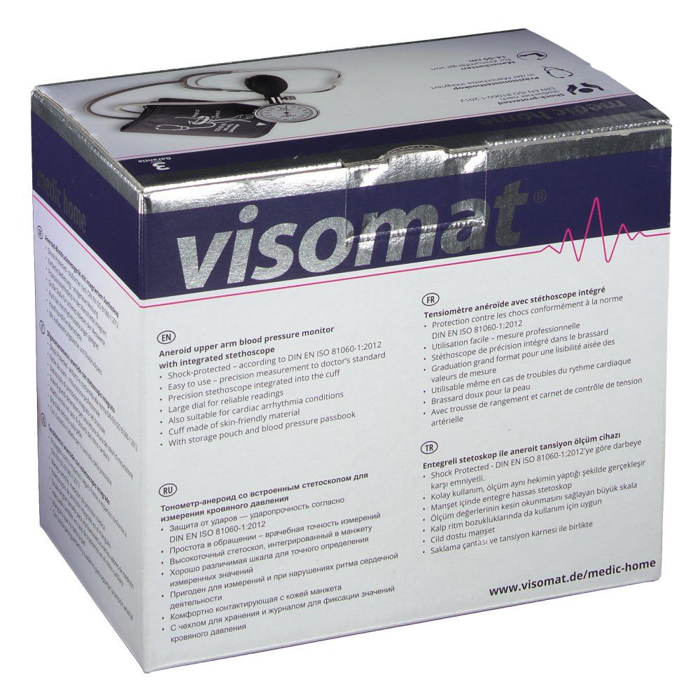 Côté de l'emballage visomat® medic home. Texte multilingue. Image du produit.