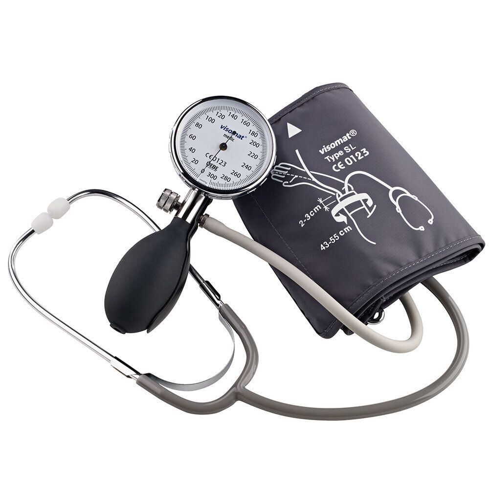 Tensiomètre anéroïde avec stéthoscope. Brassard 43-55 cm. Poire en caoutchouc noir. Manomètre gradué. Stéthoscope.