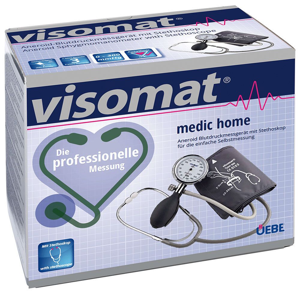 Emballage de visomat medic home. Tensiomètre anéroïde avec stéthoscope. Illustration du produit. Texte : La mesure professionnelle.
