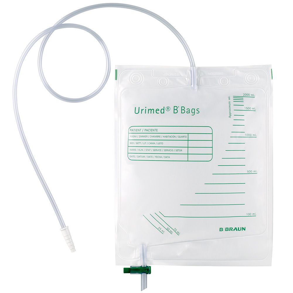 Poche à urine Urimed B' Bags avec tube et valve de vidange, capacité de 2000 ml.