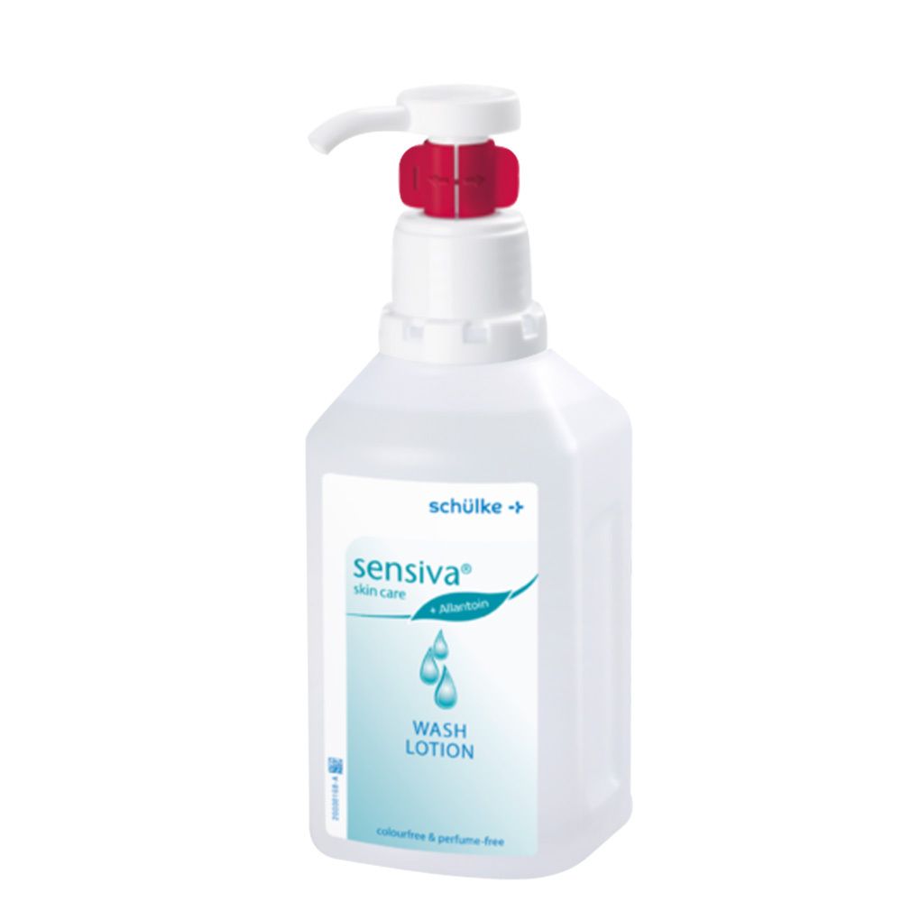 Witte dispenser met rode pompkop. Opschrift: sensiva® Waschlotion. Kleur- en parfumvrij.