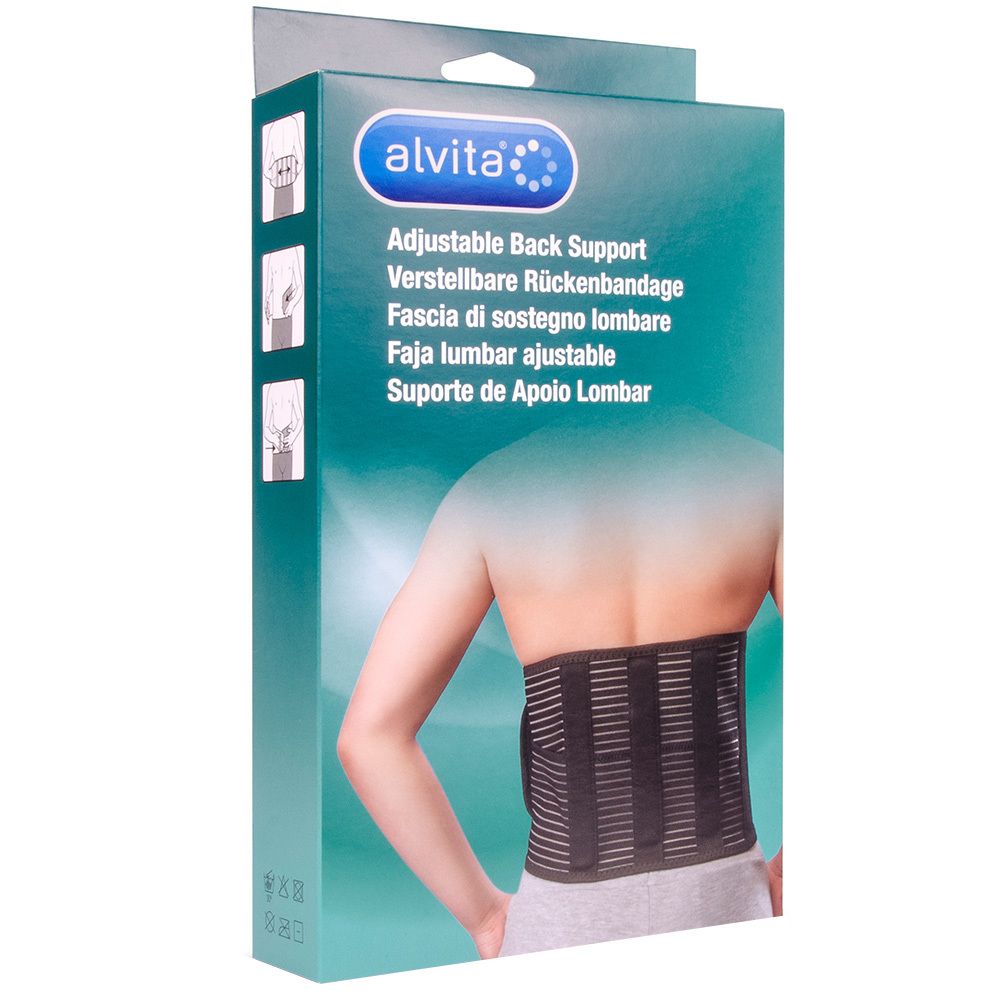 Support dorsal réglable dans son emballage. Marque : alvita. Inscription : Adjustable Back Support, Fascia di sostegno lombare, Faja lumbar ajustable.