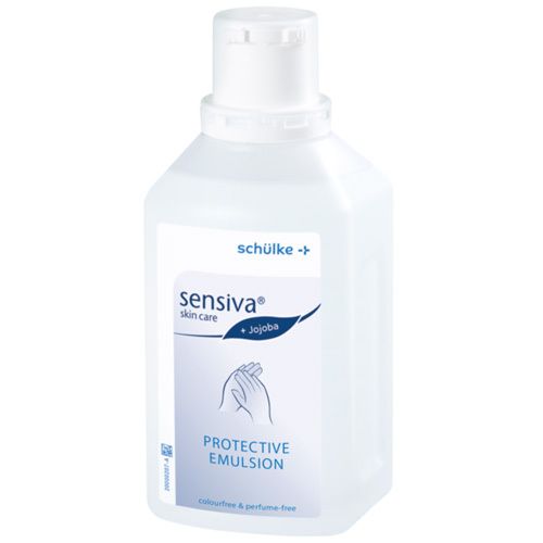 Witte fles Sensiva Protective Emulsion. Opschrift: schülke, sensiva skin care + Jojoba, Protective Emulsion. Kleur- en parfumvrij.