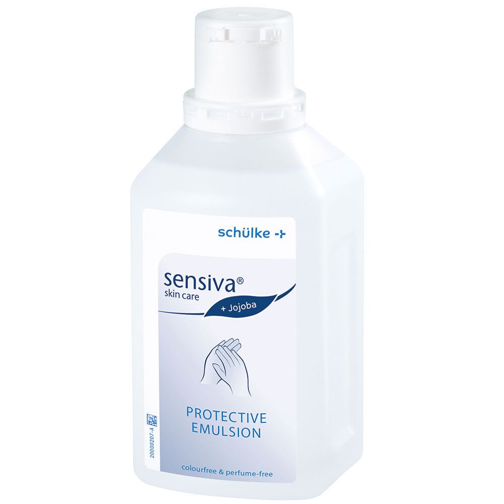 Witte fles Sensiva Protective Emulsion. Opschrift: schülke, Sensiva skin care + Jojoba. Kleur- en parfumvrij.