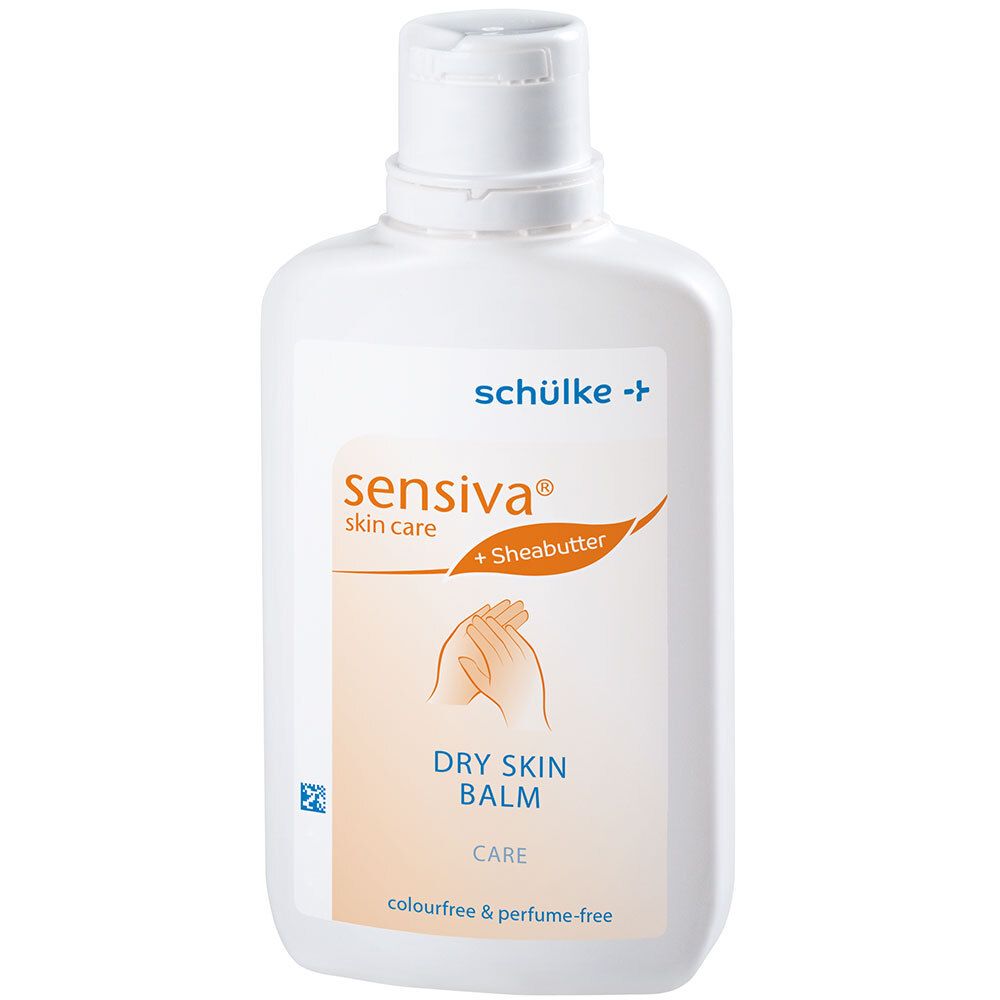 Witte fles met "sensiva® dry skin balm"-etiket. Bevat shea butter. "Colourfree & perfume-free".