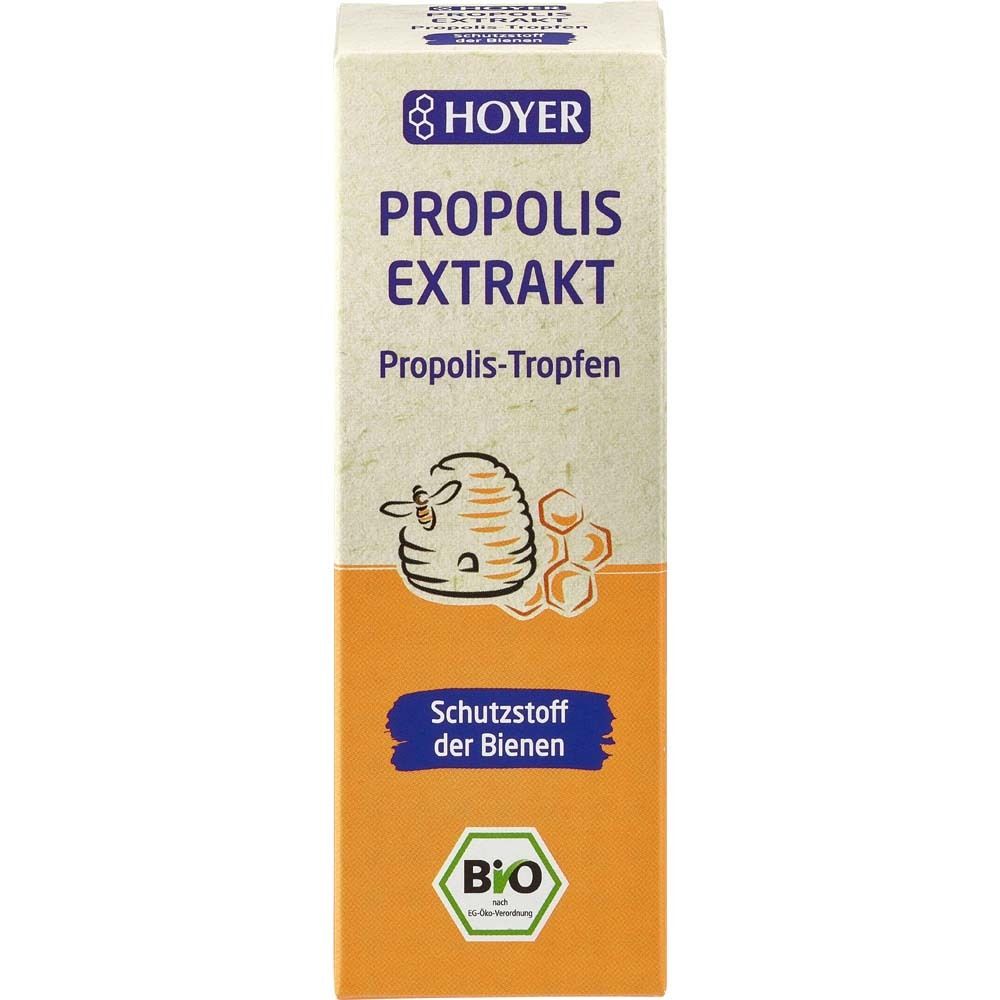 HOYER Propolis Extrakt Bio. Boîte avec informations sur le produit. Contient logo, texte et illustrations.
