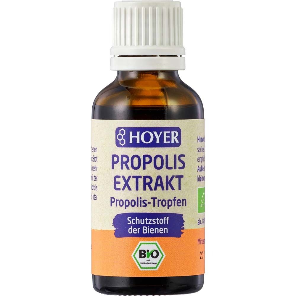 Flacon en verre brun avec bouchon blanc. Étiquette avec informations sur le produit. HOYER Propolis Extrakt Bio.