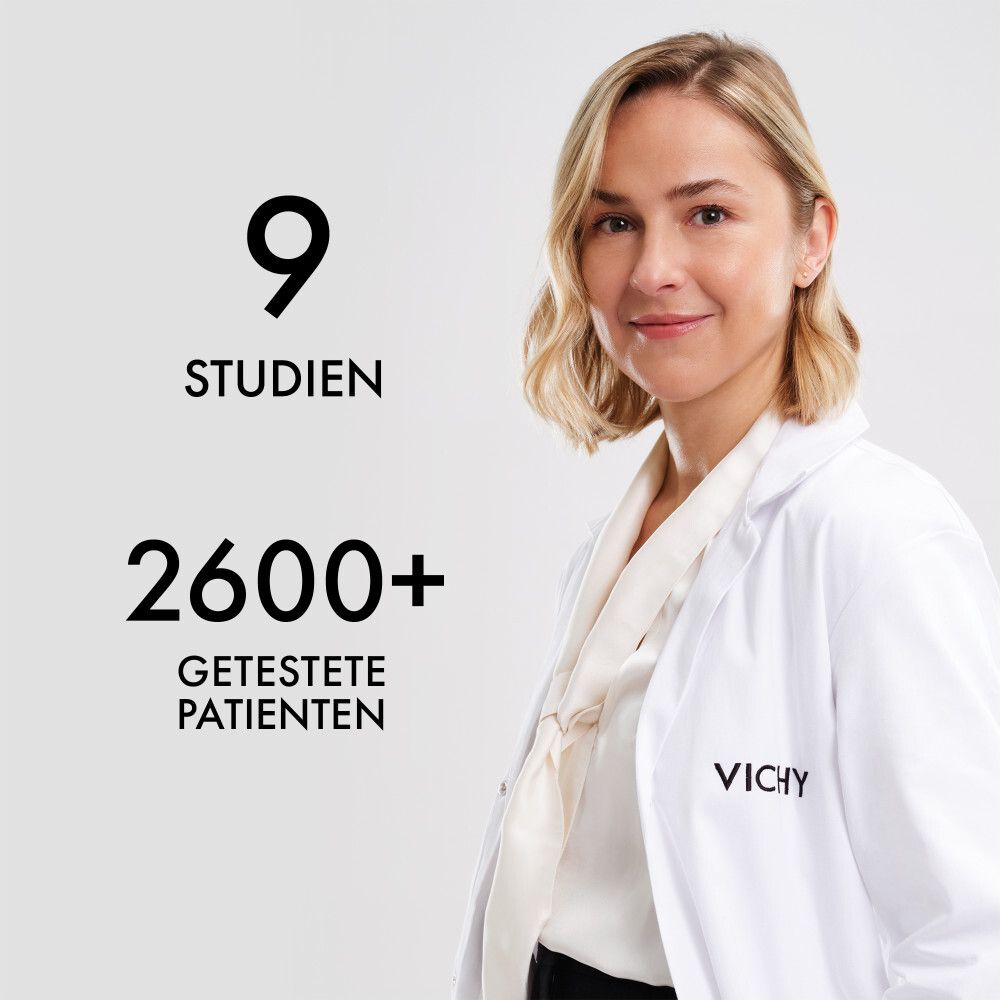 Femme en blouse de laboratoire avec logo VICHY, à côté "9 études" et "2600+ patients testés".