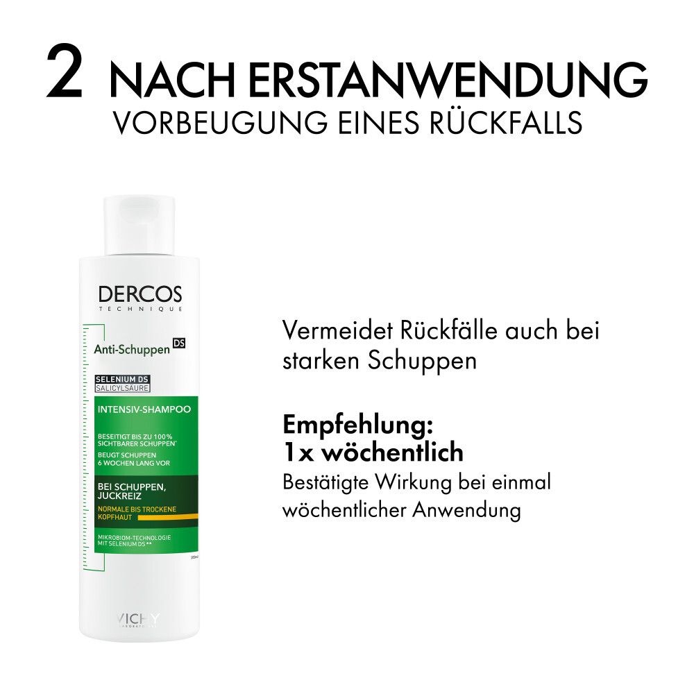Trois bouteilles de shampooing antipelliculaire Dercos, dont une ouverte.
