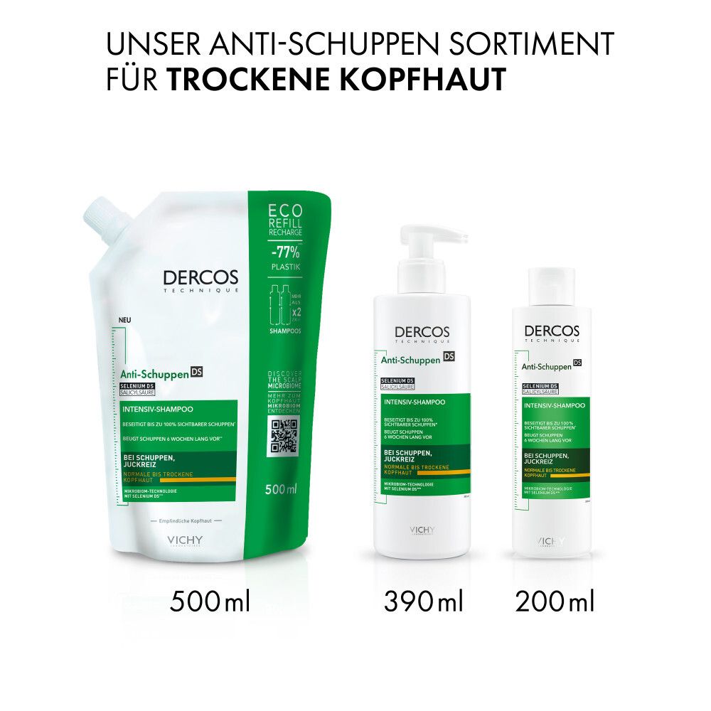 Trois produits Dercos Anti-Pelliculaire: éco-recharge 500ml, flacon 390ml, flacon 200ml.