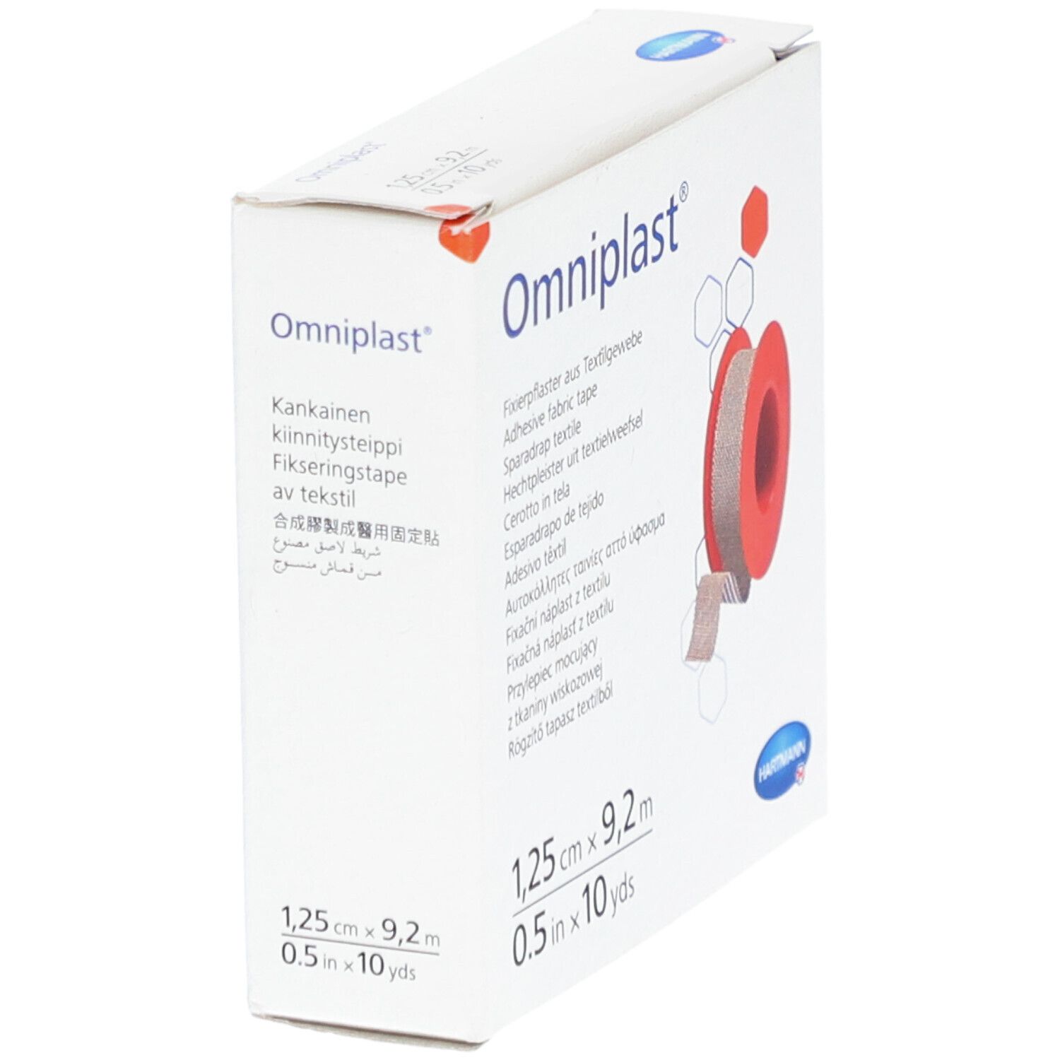 Omniplast® doos, schuin. Rol textiel met rode kern. Afmetingen: 1,25 cm x 9,2 m. Hartmann-logo.
