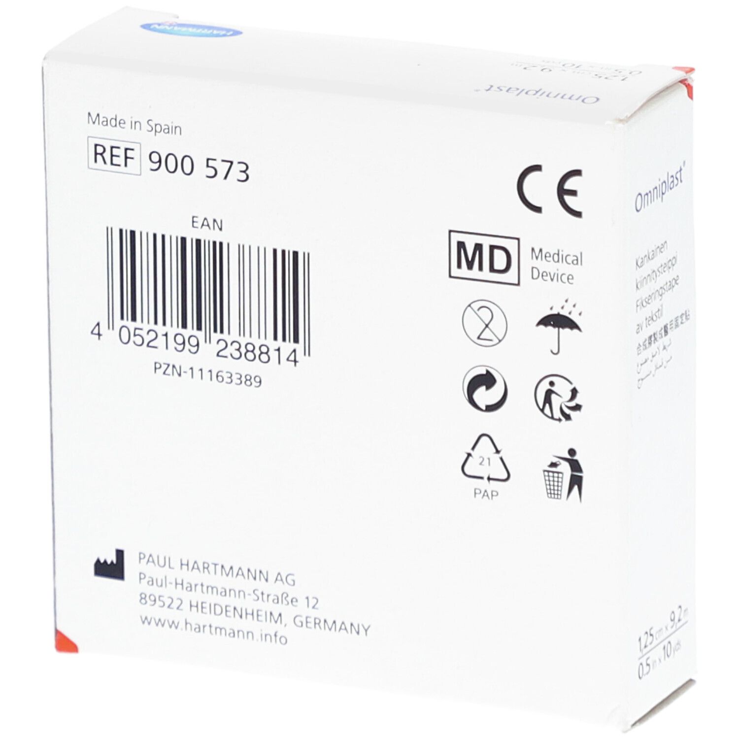 Achterkant van de Omniplast® doos. Barcode, CE-markering, fabrikantenadres, MD-symbool (Medical Device).