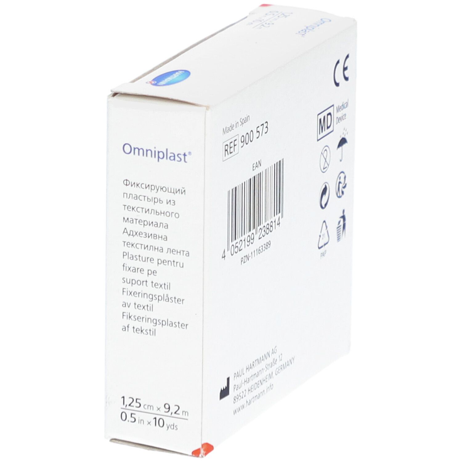 Achterkant van de Omniplast® doos, schuin. Barcode, CE-markering, fabrikantenadres, MD-symbool (Medical Device).