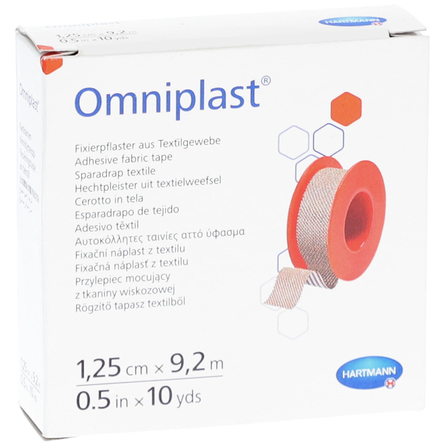 Omniplast® pleisterdoos. Rol textiel met rode kern. Afmetingen: 1,25 cm x 9,2 m. Hartmann-logo.