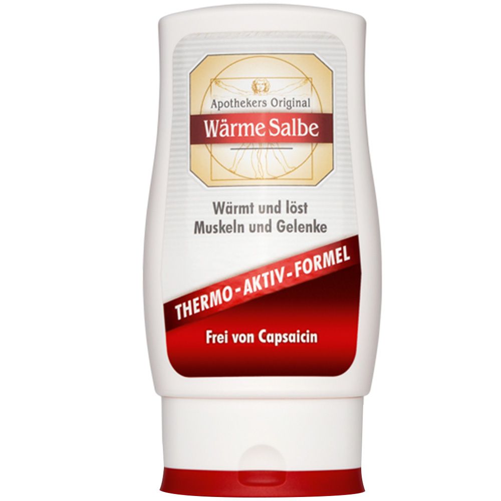Witte tube met rode dop. Opschrift: Apothekers Original Wärme Salbe. Thermo-Aktiv-Formel. Vrij van Capsaïcine.
