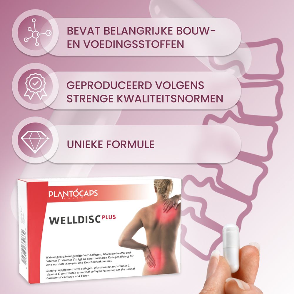 Achterkant van de plantoCAPS WELLDISC PLUS verpakking met ingrediëntenlijst.