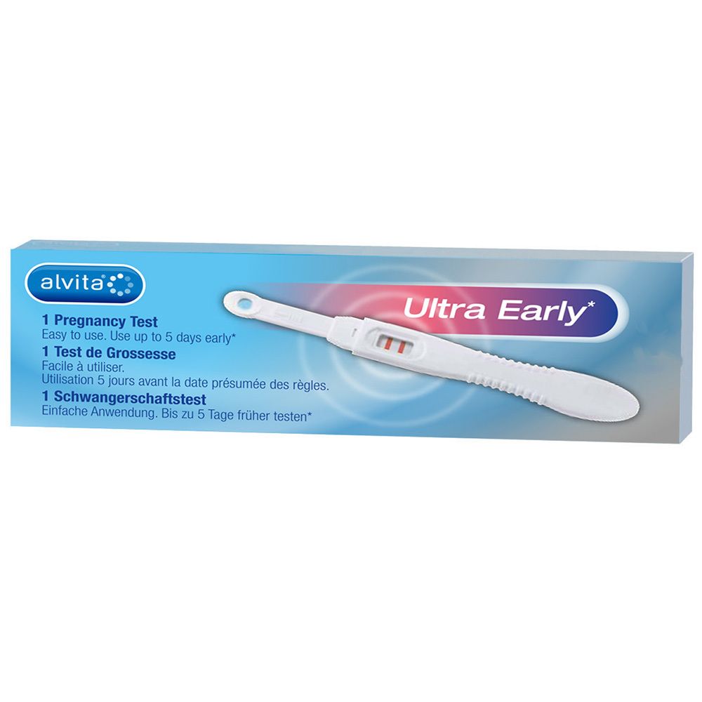 Test de grossesse Alvita Ultra Early. Boîte bleue avec test. Informations produit et nom de marque visibles sur l'emballage.