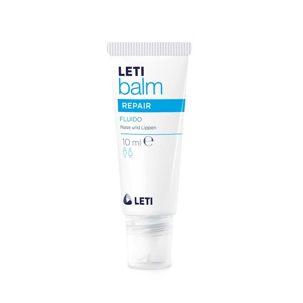 Tube LETI balm fluido. Wit, blauwe tekst. Bevat 10 ml. Voor neus en lippen.