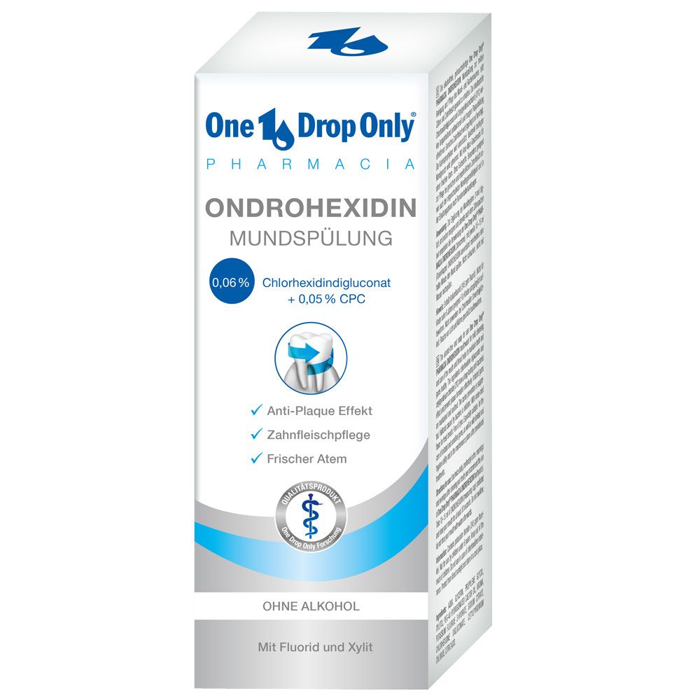 Verpakking Ondrohexidin mondspoeling 0,06% Chloorhexidine Digluconaat. Zonder alcohol, met fluoride en xylitol.
