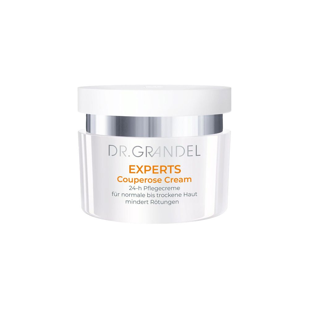 Pot de crème avec couvercle cuivré et récipient en verre. Inscription : DR. GRANDEL, Couperose Expert Cream.