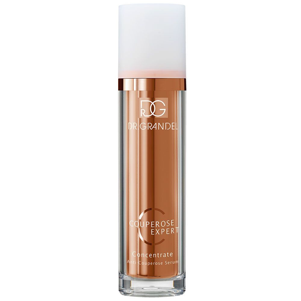 Flacon cylindrique avec bouchon blanc. Inscription: DR. GRANDEL, Couperose Expert Concentrate.