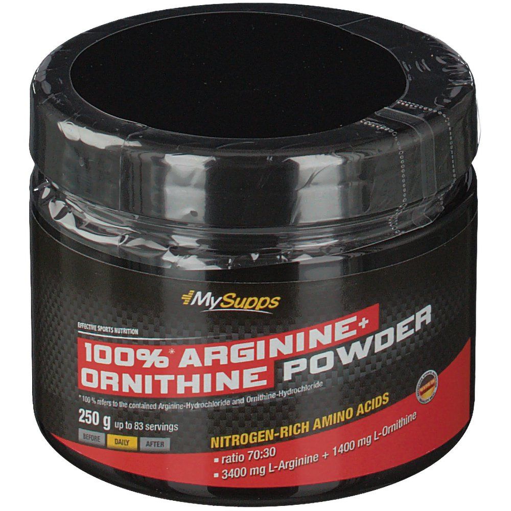 Zwarte plastic pot met opschrift 100% ARGININE + ORNITHINE POWDER. Bevat 250 g. Merk: MySupps. Met rood en geel etiket.