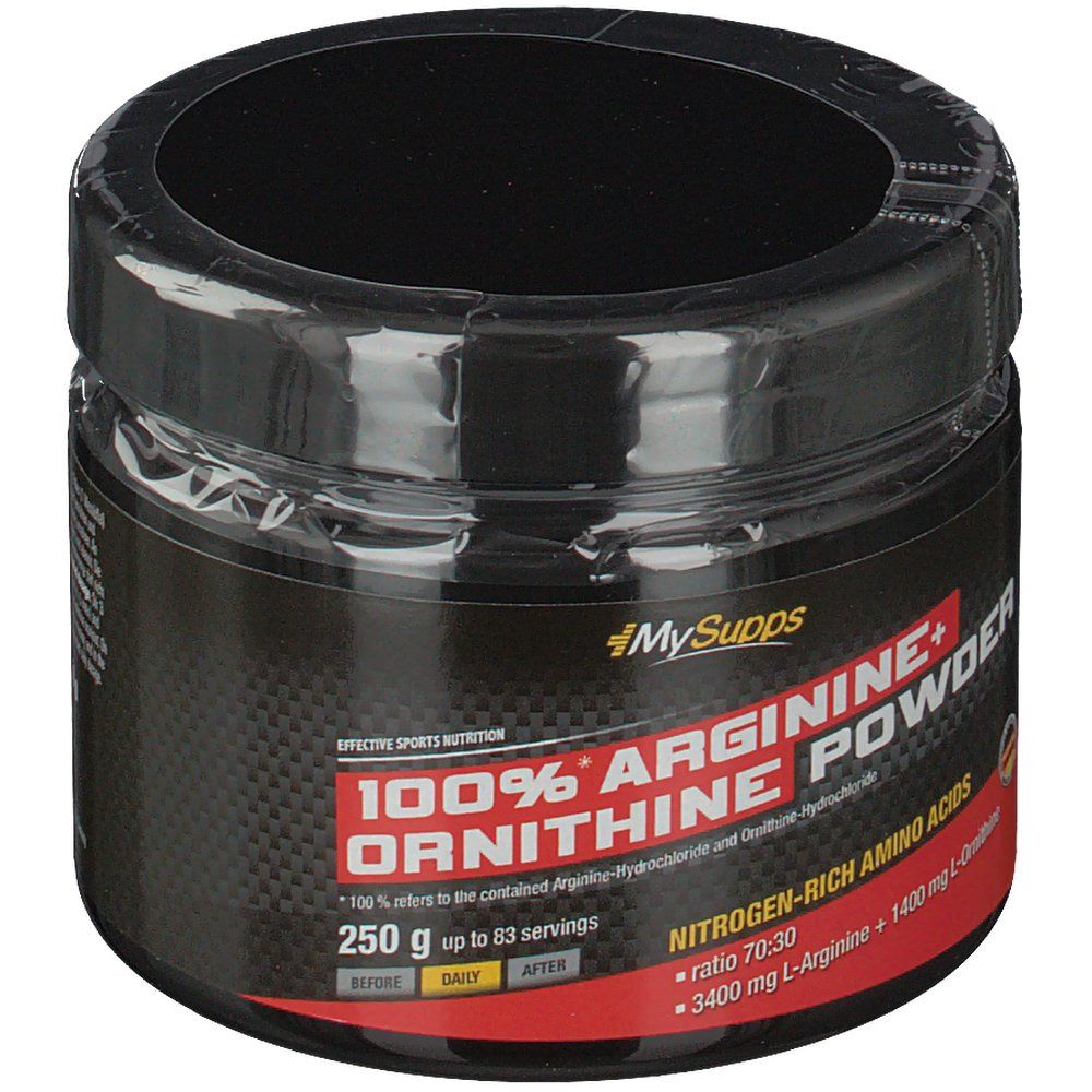 Zwarte plastic pot met opschrift 100% ARGININE + ORNITHINE POWDER. Bevat 250 g. Merk: MySupps. Met rood en geel etiket.