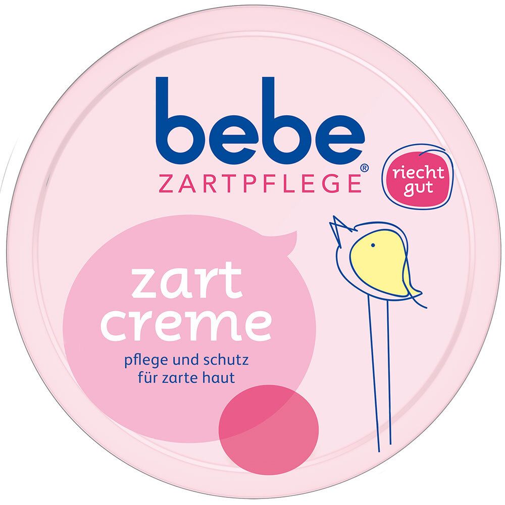 Ronde pot Zartcreme van bebe® met roze deksel. Opschrift bebe Zartpflege, zart creme. Vogel-illustratie.