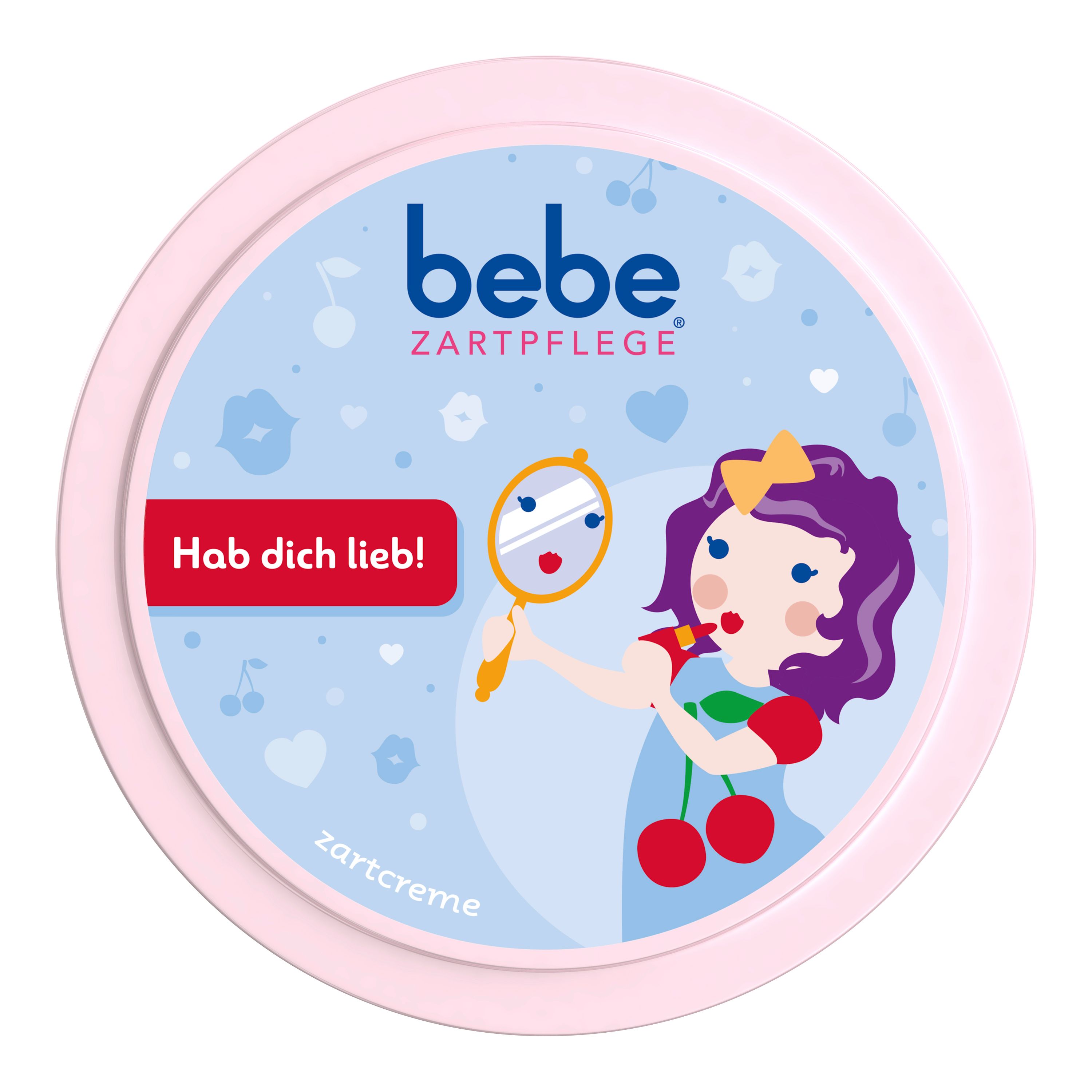 Ronde, roze pot bebe® Zartpflege Zartcreme. Illustratie van een meisje met spiegel. Tekst: Hab dich lieb!