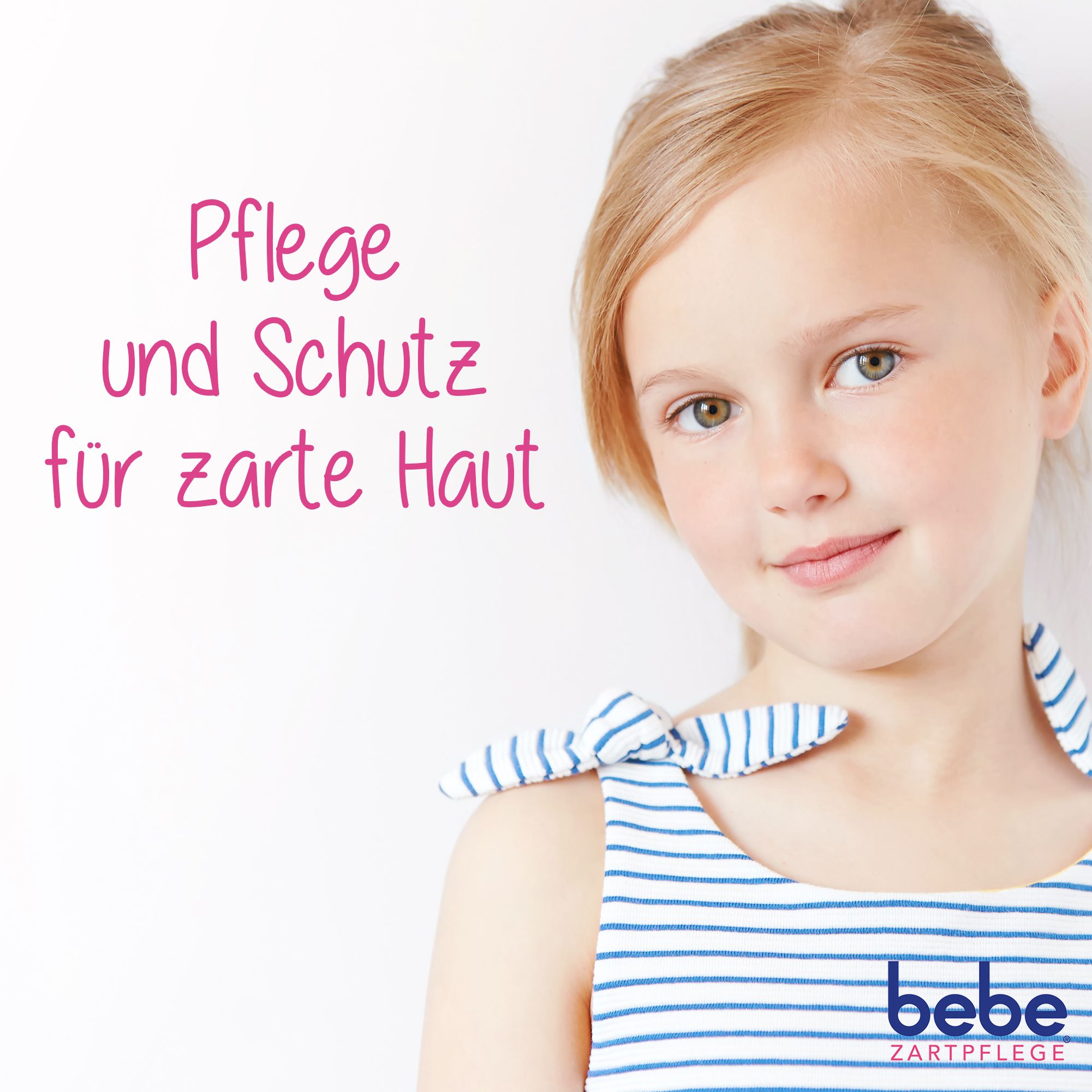 Blond meisje in blauw-wit gestreepte jurk. Tekst: Pflege und Schutz für zarte Haut. bebe® logo.