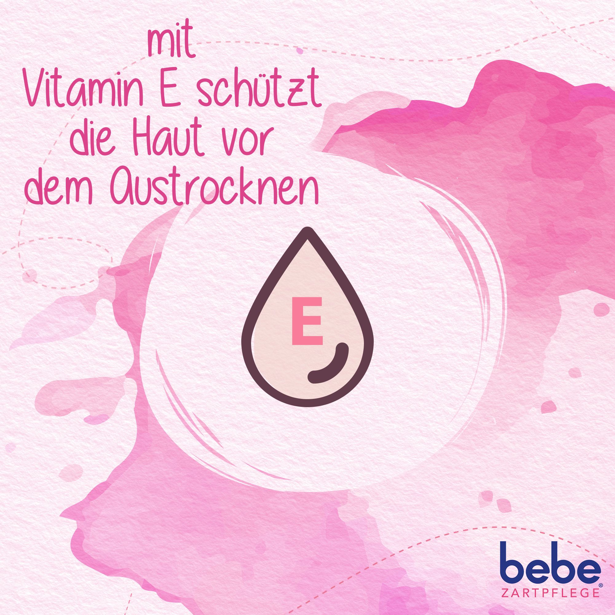 Druppelsymbool met 'E' voor vitamine E. Tekst: mit Vitamin E schützt die Haut vor dem Austrocknen. bebe® logo.