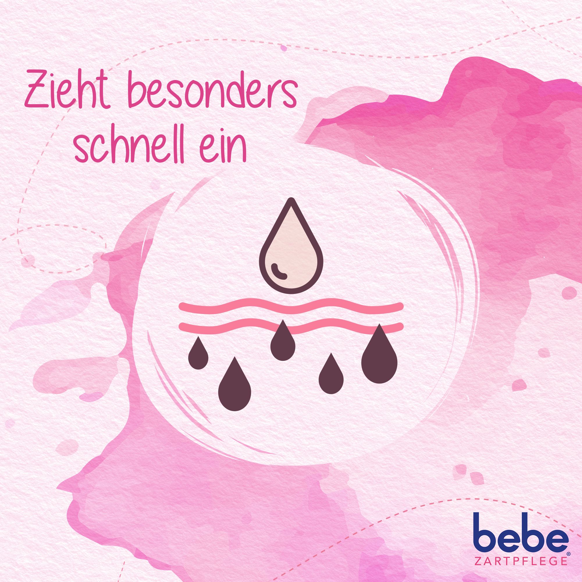 Druppelsymbool, druppels dringen de huid binnen. Tekst: Zieht besonders schnell ein. bebe® logo.