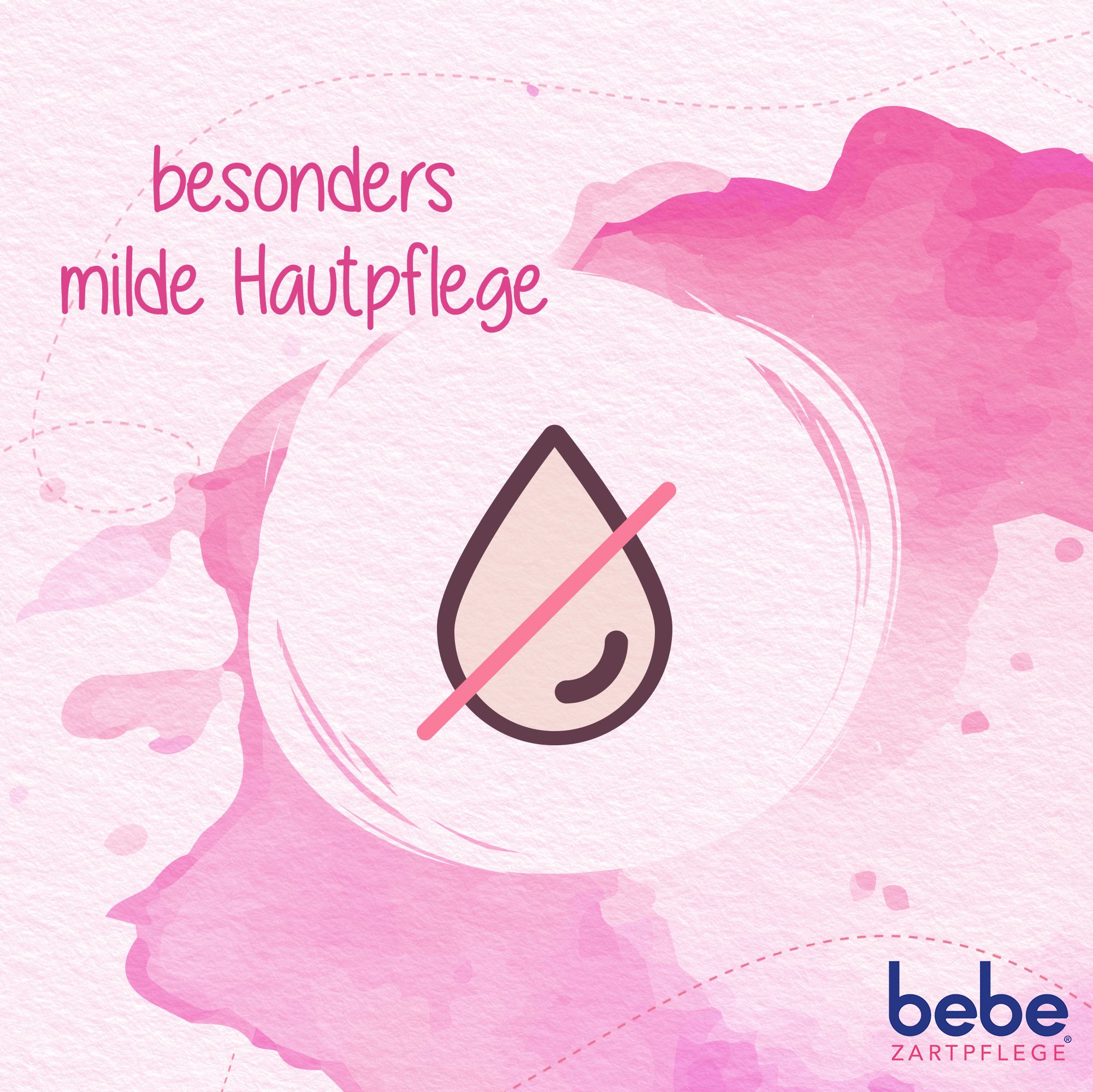 Druppelsymbool met rode lijn. Tekst: besonders milde Hautpflege. bebe® logo.