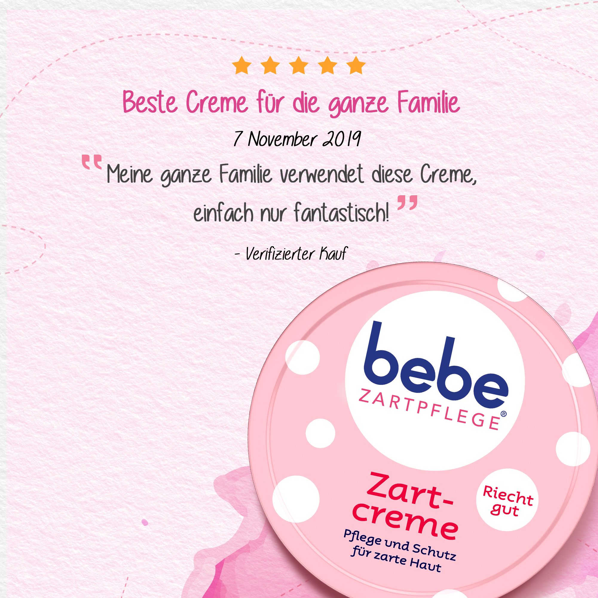 Roze pot bebe® Zartcreme met tekst: Beste Creme für die ganze Familie. Citaat: Meine ganze Familie verwendet diese Creme.