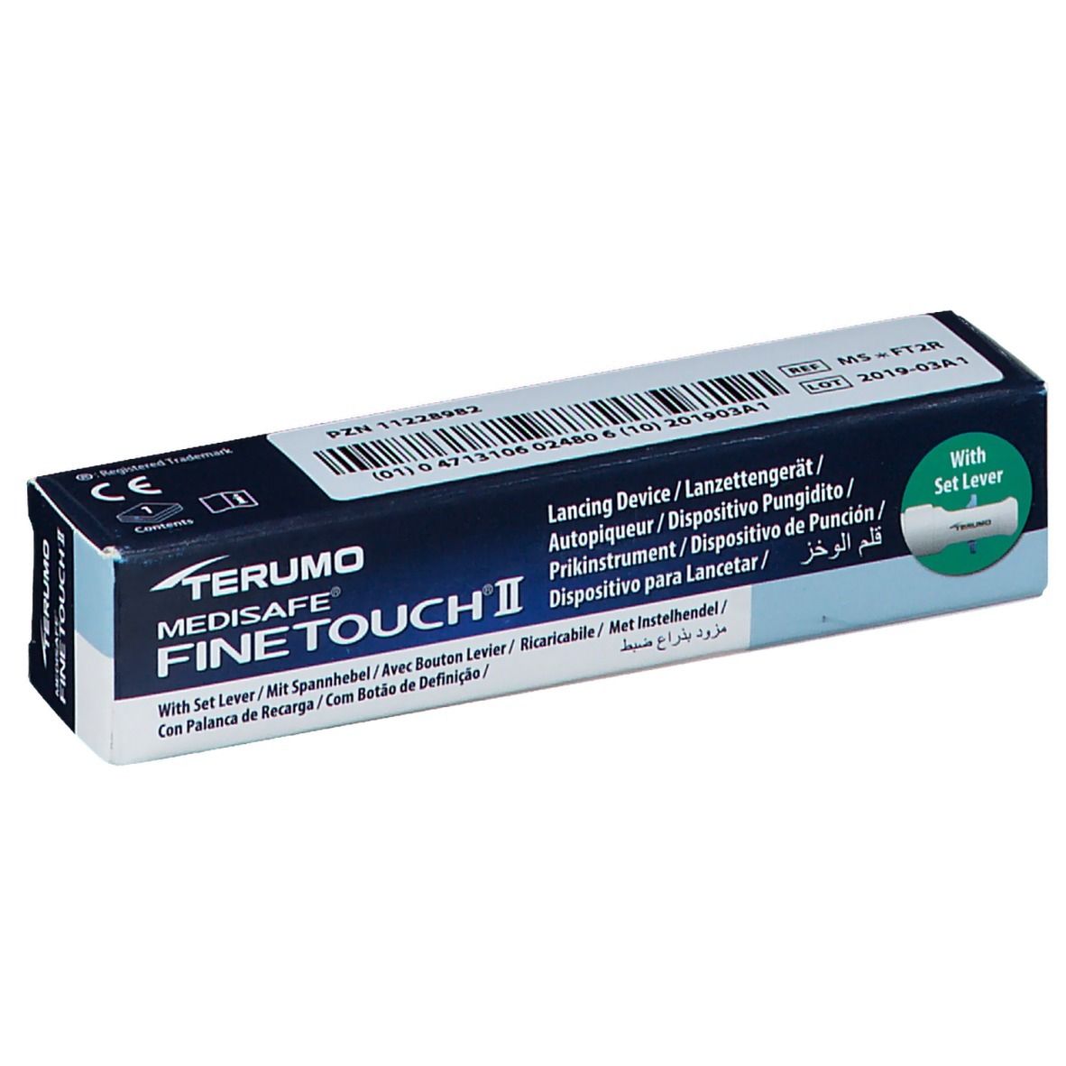 Terumo Medisafe Fine Touch II Lancing Device verpakking met CE-markering en barcode.