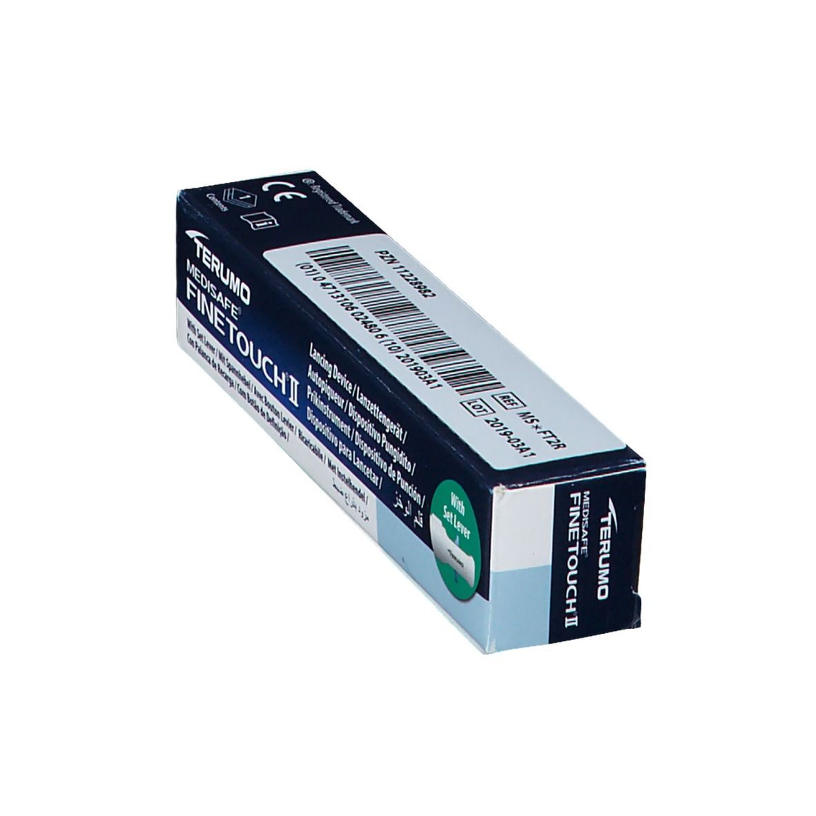 Terumo Medisafe Fine Touch II lancetapparaat verpakking met CE-markering.