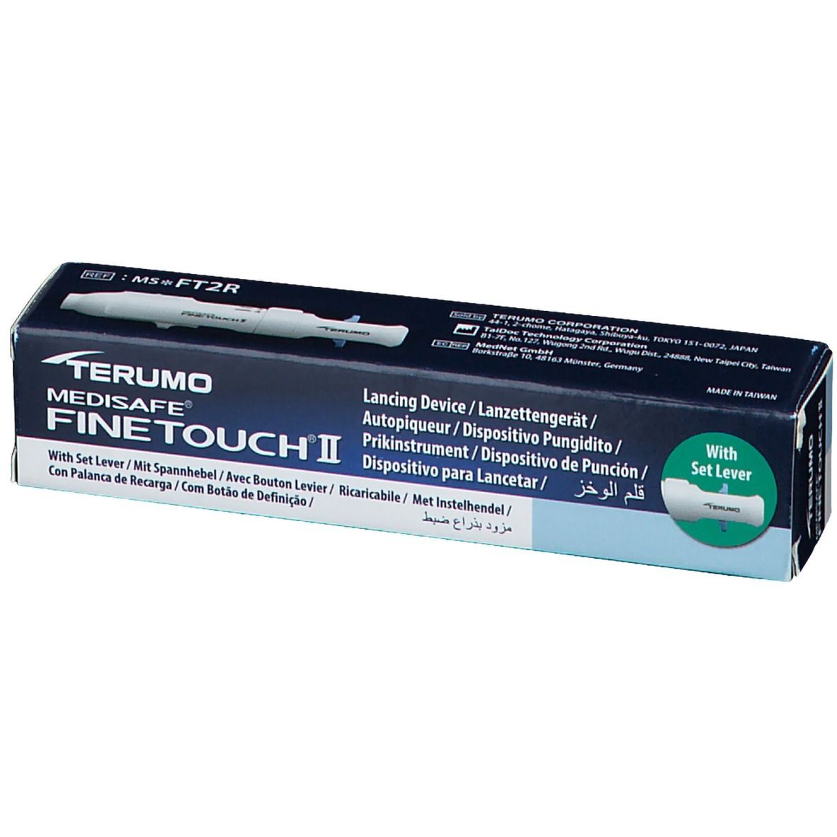 Terumo Medisafe Fine Touch II Lancing Device met instelhendel. Witte lancetpen op donkerblauwe doos.