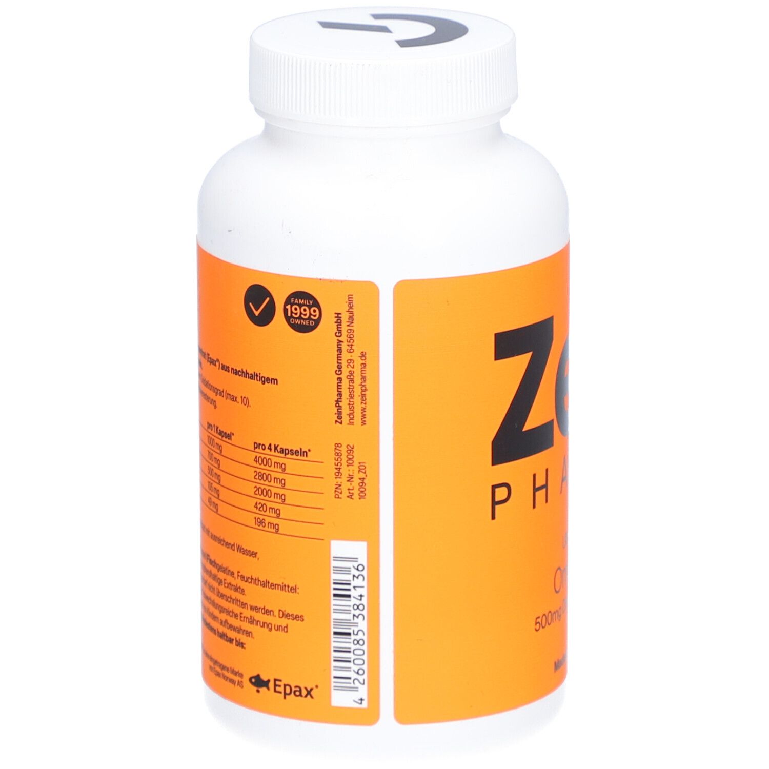 Pot blanc avec étiquette orange. Indique les informations nutritionnelles et produit. Contient 125 gélules.