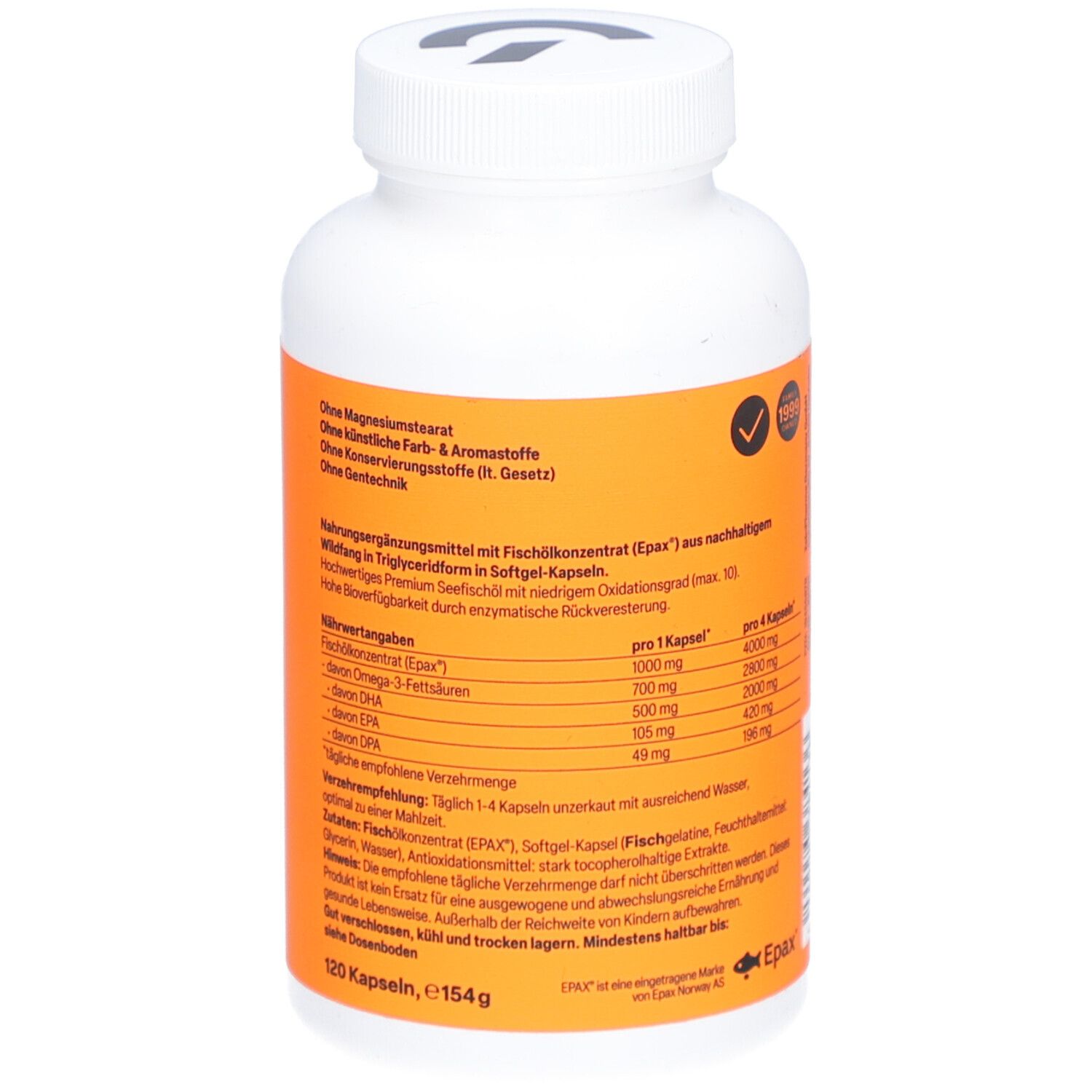 Arrière d'un pot blanc avec étiquette orange. Contient des informations nutritionnelles détaillées et les ingrédients. 125 gélules.