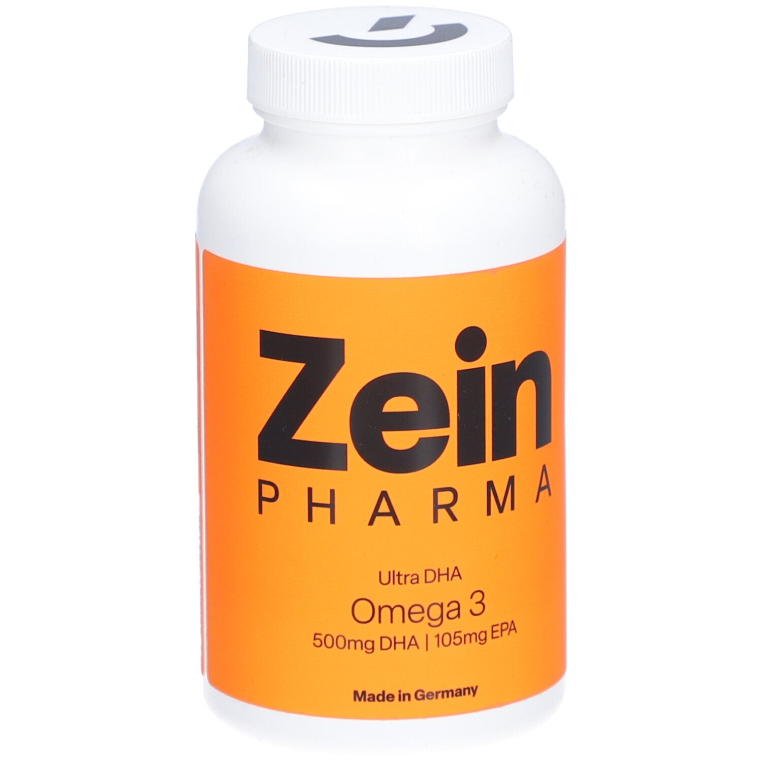 Pot blanc avec étiquette orange. Indique 'Zein Pharma Ultra DHA Omega 3', 500mg DHA | 105mg EPA. Fabriqué en Allemagne.