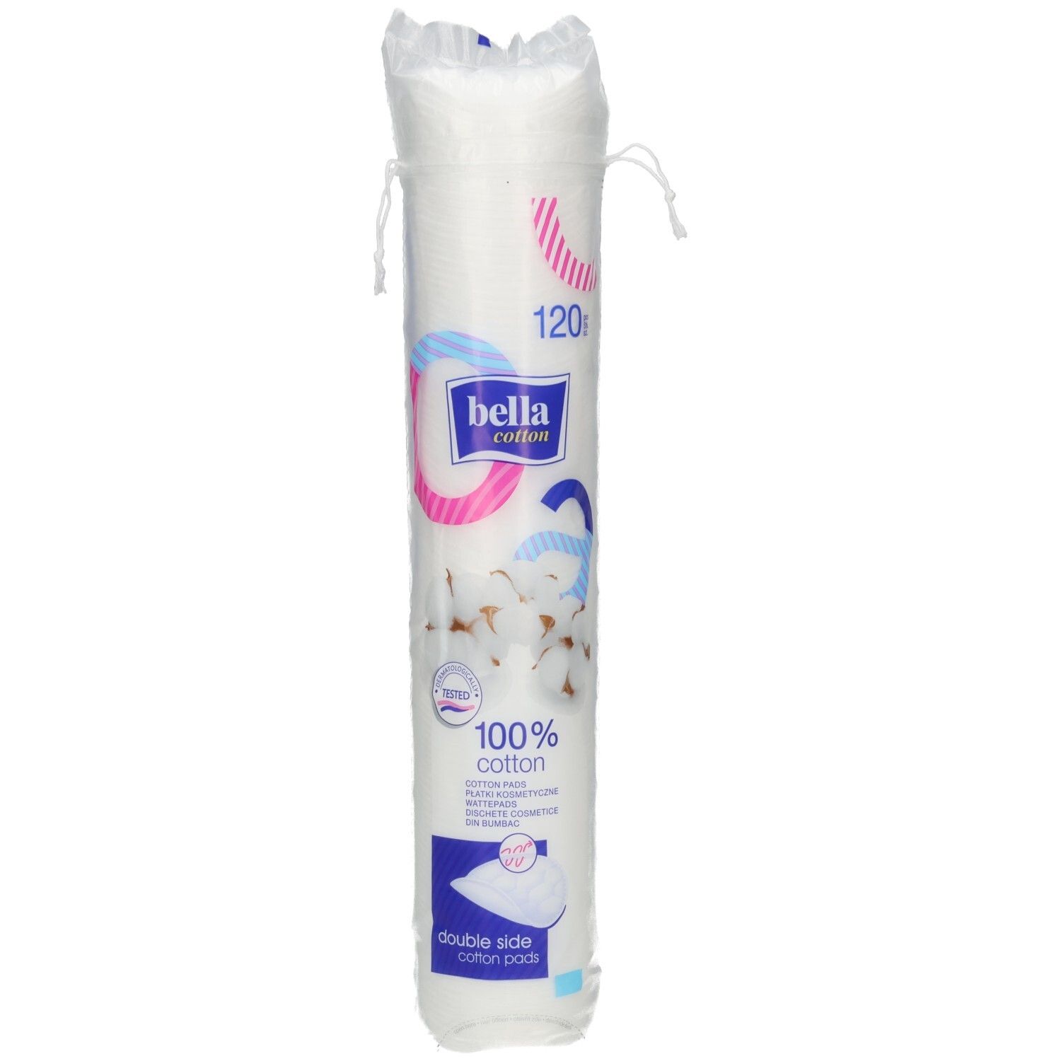Verpakking met wattenschijfjes. Merk: bella cotton classic. 120 stuks. 100% katoen. Ronde vorm. Verpakt in folie.