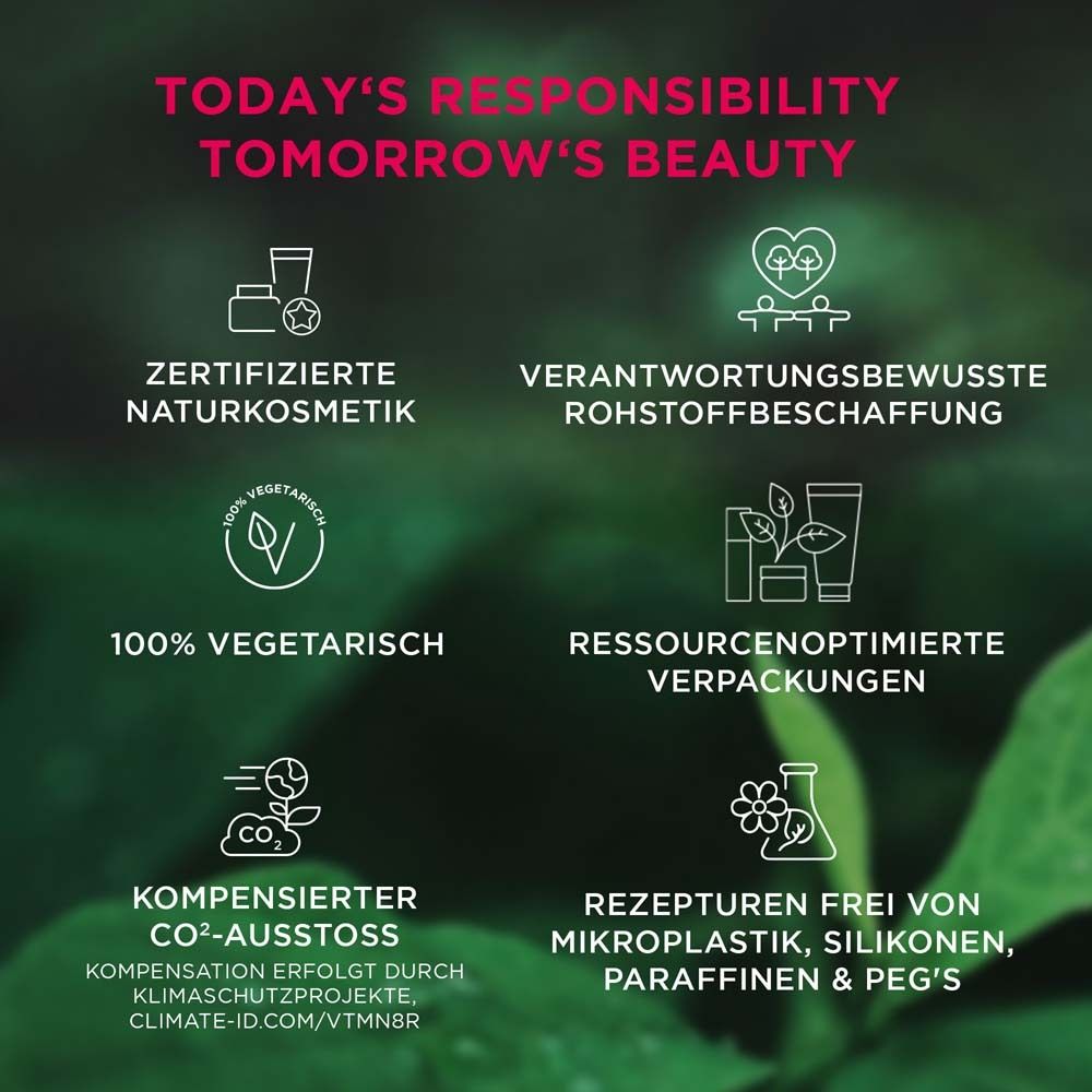 Infographic. Gecertificeerde natuurlijke cosmetica, vegetarisch, resource-geoptimaliseerde verpakkingen, CO2-uitstoot.